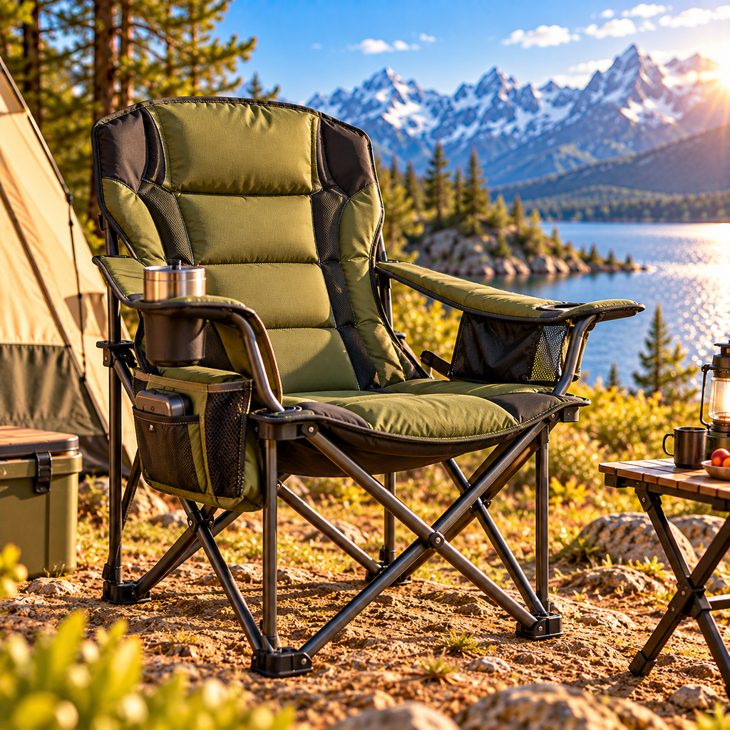 CALVEXOD™ BaseCamp Folding Camping Chair – Portable Padded Outdoor Chair with Cup Holder, Side Pocket & Carry Bag for Camp, Sports & Outdoor Events
