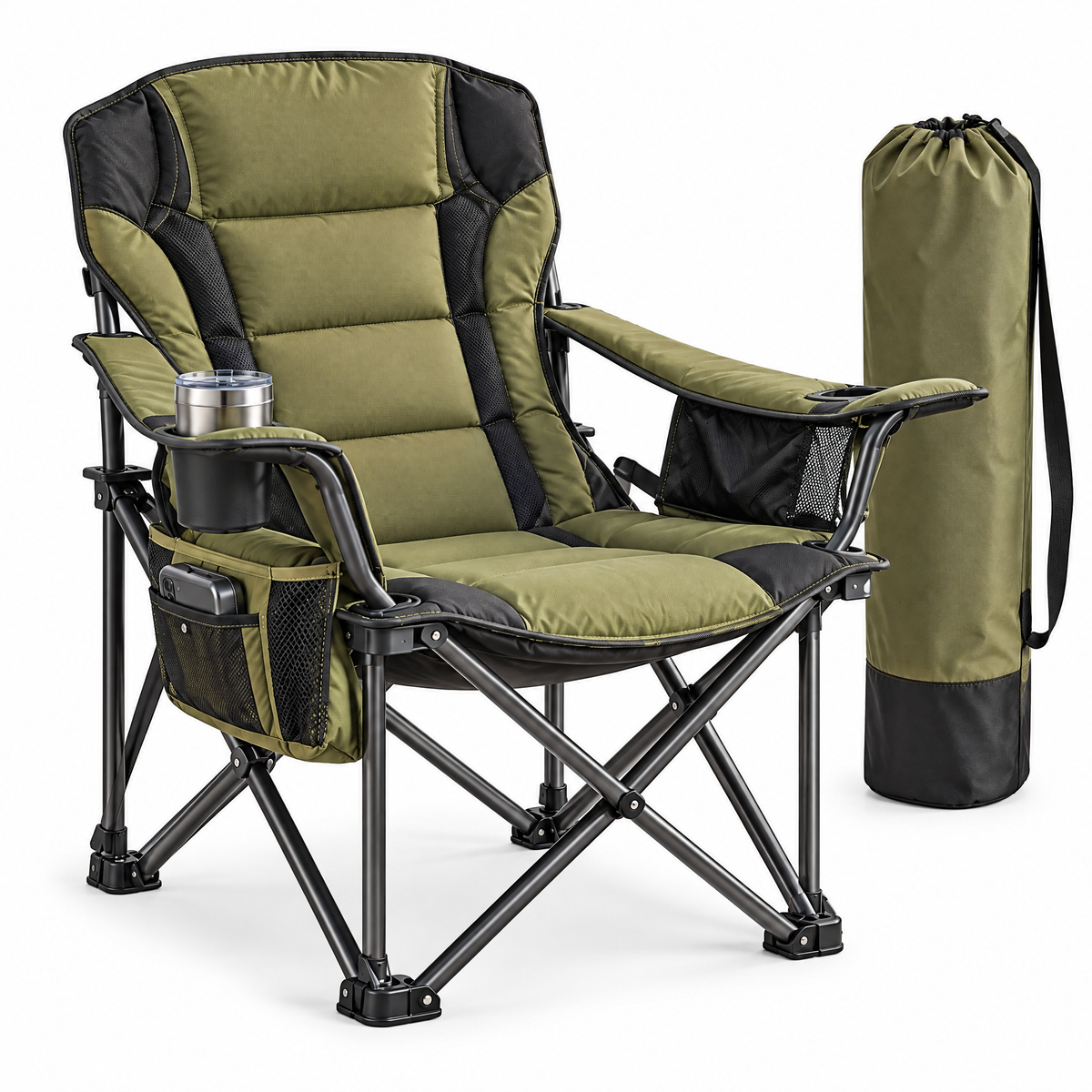 CALVEXOD™ BaseCamp Folding Camping Chair – Portable Padded Outdoor Chair with Cup Holder, Side Pocket & Carry Bag for Camp, Sports & Outdoor Events