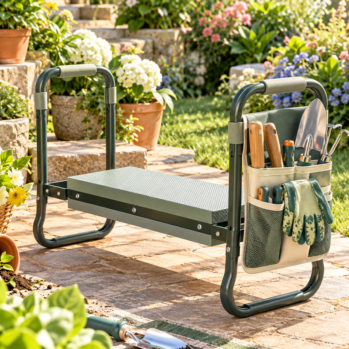 CALVEXOD™ GroundEase Foldable Garden Kneeler & Seat – Padded Gardening Bench with Tool Pouch for Planting, Weeding & Pruning