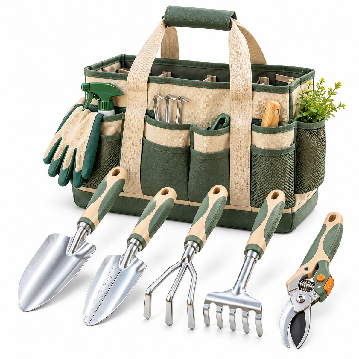CALVEXOD™ FieldForm Garden Tool Set – 5-Piece Aluminum Gardening Hand Tools with Pruning Shears, Trowel, Transplanter, Cultivator & Storage Tote