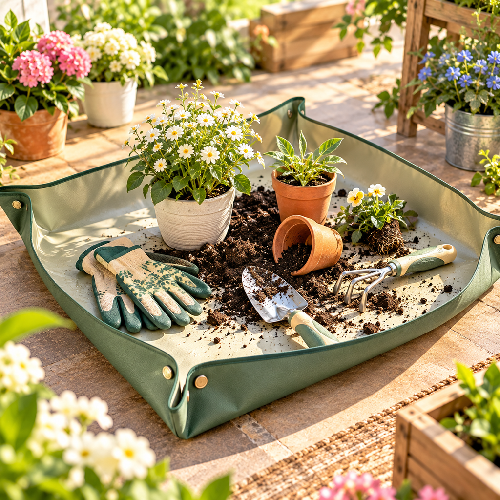 CALVEXOD™ TerraFold Garden Work Mat – 39 × 31 in Water-Resistant Foldable Potting & Repotting Mat with Raised Snap Edges