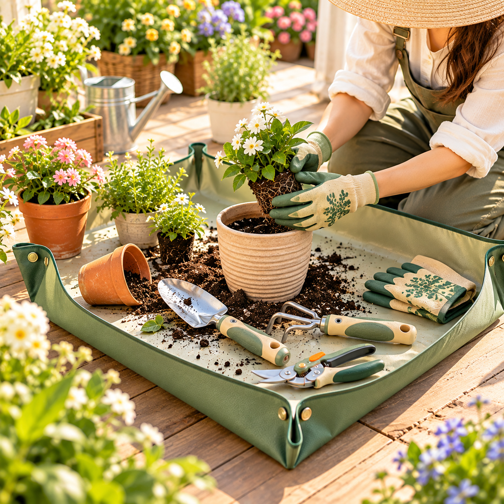 CALVEXOD™ TerraFold Garden Work Mat – 39 × 31 in Water-Resistant Foldable Potting & Repotting Mat with Raised Snap Edges