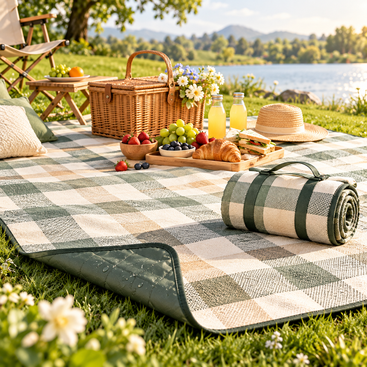 CALVEXOD™ MeadowGrid XL Picnic Blanket – 70 × 80 in Water-Resistant Foldable Outdoor Blanket with Carry Handle for Park, Beach & Camping